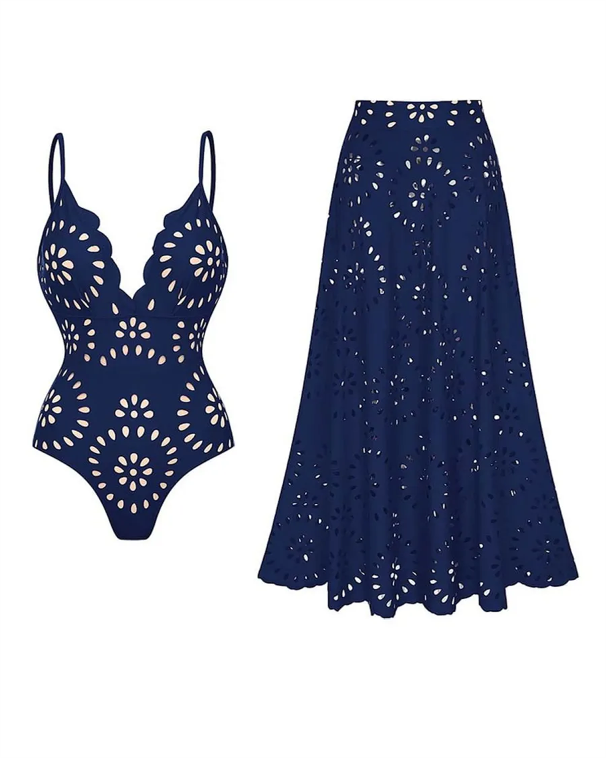Flower Hollow One Piece Swimsuit and Skirt