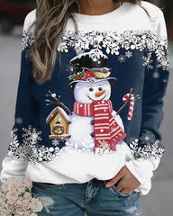 Christmas Snowman Print Round Collar Long Sleeves
