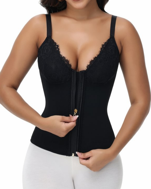 Deep V Lace Corset Top Trimmed Waist Trainer with Front Zipper