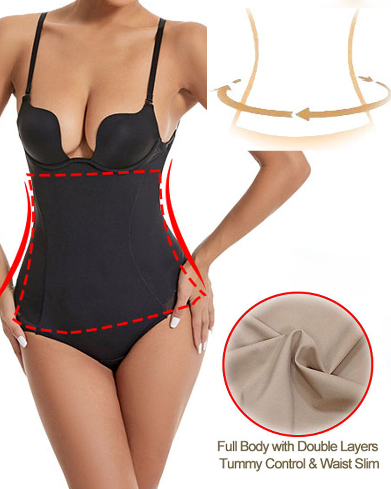 U-Shaped Bra Striped Mesh Belly Shaping Bodysuit