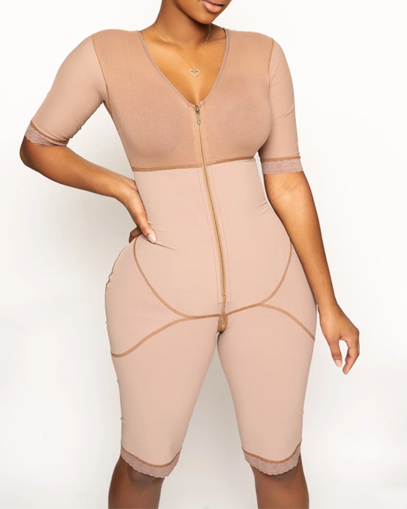 Full Body Bipper Bodysuit With Sleeves One-piece Postpartum Shapewear For Women Chest Cupport Hip Shaping Tummy Control Bodysuit