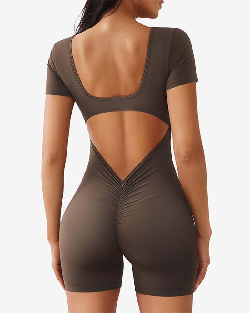 Short-Sleeved Quick-Drying Square-Neck Backless Tight-Fitting Hip-Lifting Bodysuit