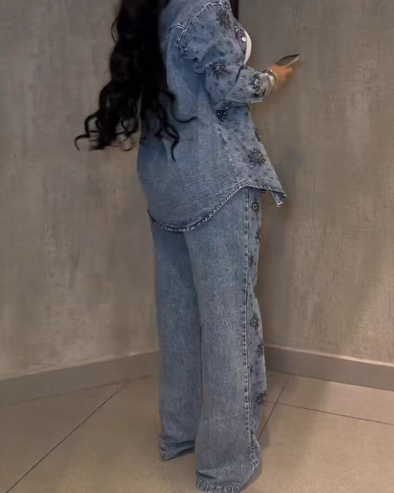 Heavy-Duty Beaded Floral Sequined Casual Straight-Leg Jeans