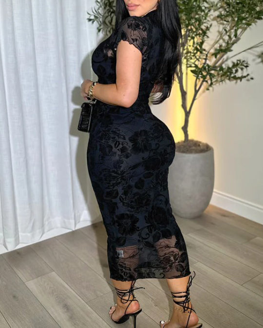 Women's Sheer Mesh Sexy Bodycon Dress with Retro Prints