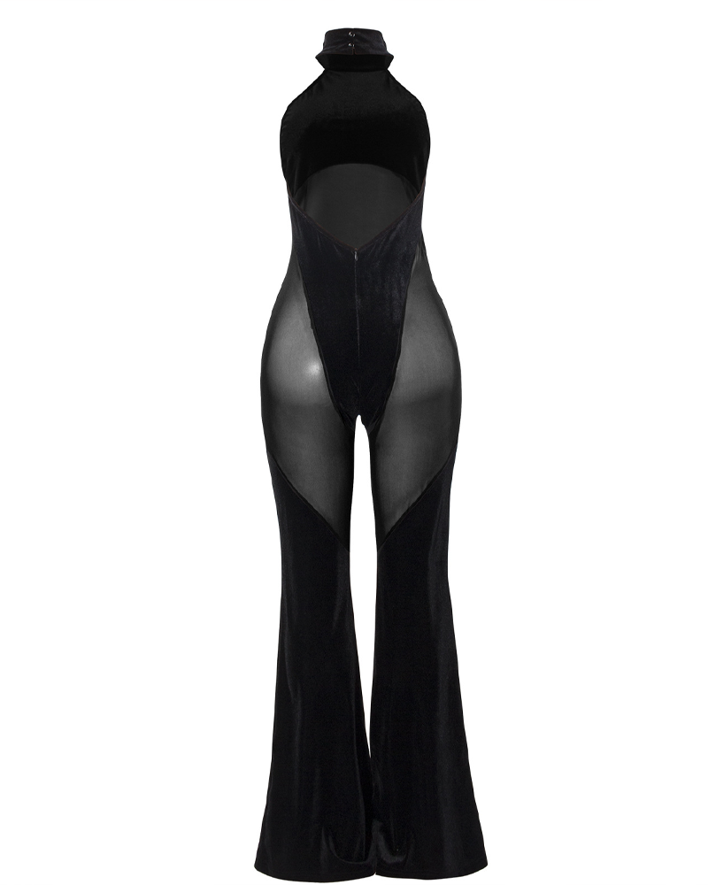See-Through Flared Pants Backless Halter-Neck Tulle Jumpsuit