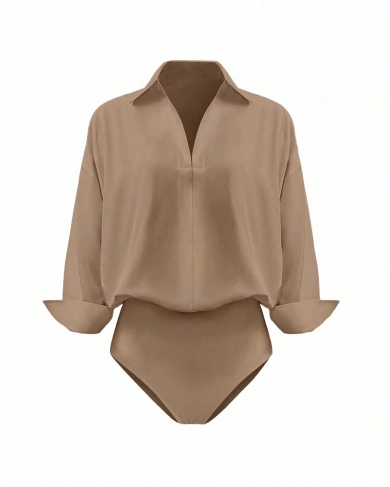 Collared V-Neck Rolled Sleeve Shirt Bodysuit