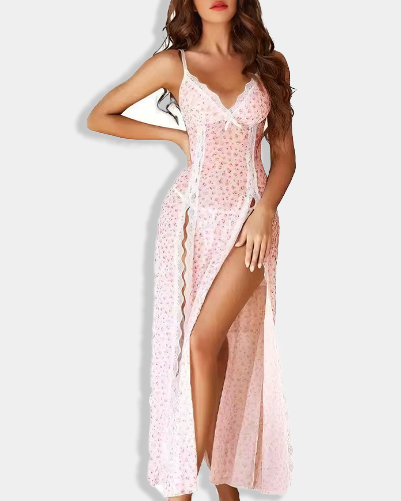 Mesh Printed Cami Dress Set, Lace Split Long Dress with Thong