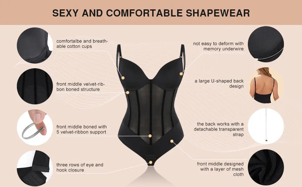 White Plunge Backless Bodysuit Shaper With Built-In Bra And Velvet Boned Corset