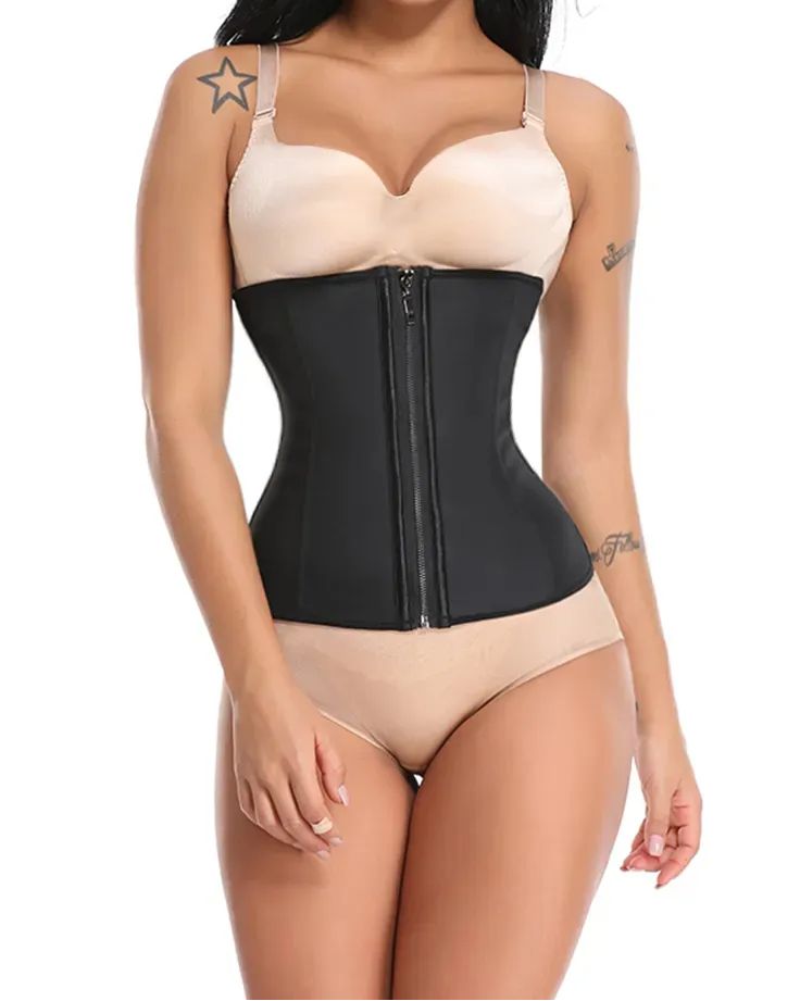 Latex Zipper Waist Trainer Corset for Weight Loss Hi-Waist Double Tummy Control Sport Workout Body Shaper
