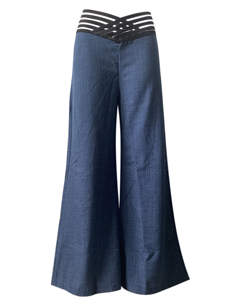 Pants Wide Leg Y2k High Waist Pants Sexy Crisscross Sheer Mesh Office Chic Flared Trousers Spicy Kpop Street Casual Korean Female Pant