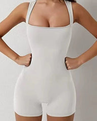 Women Workout Romper Yoga Ribbed Square Neck One Piece Seamless Tank Top Jumpsuit