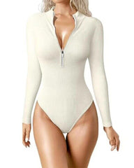 Zipper Front Long Sleeve Sexy Ribbed Long Sleeve Tights