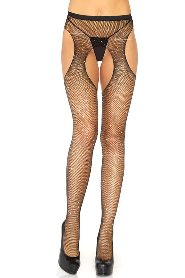 Black Casey Rhinestone Fishnet Suspender Pantyhose