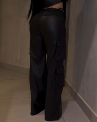 Women's Cargo Style Wide-Leg Leather Pants