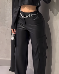 Women's Cargo Style Wide-Leg Leather Pants