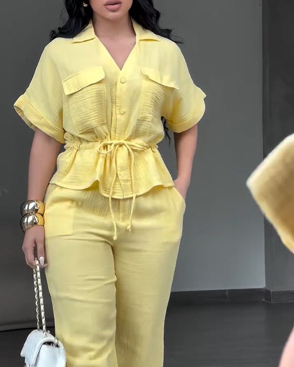 Women's 2 Piece Linen Outfits Short Sleeve Drawstring  Shirts and Wide Leg Pants With Pockets