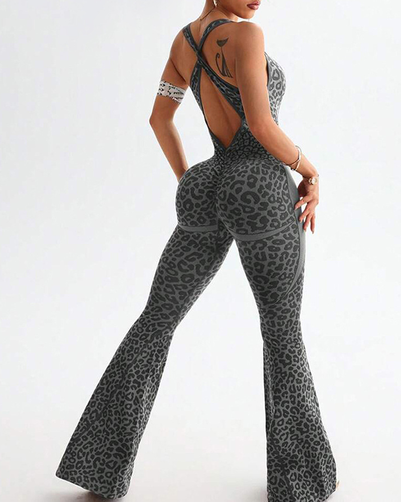 Leopard Print Cross-Back Butt Lifting Flared Jumpsuit