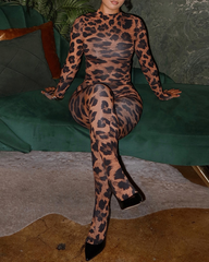 Leopard Print Long Sleeve Slim Fit Two-Piece Set
