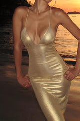 Gold Satin Maxi Dress with Butterfly Strappy Back
