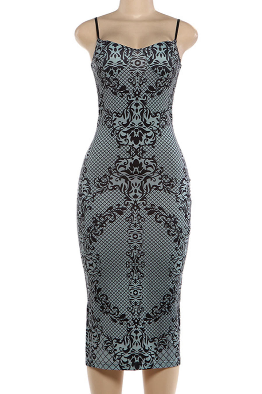Black Lace Print Bodycon Midi Dress