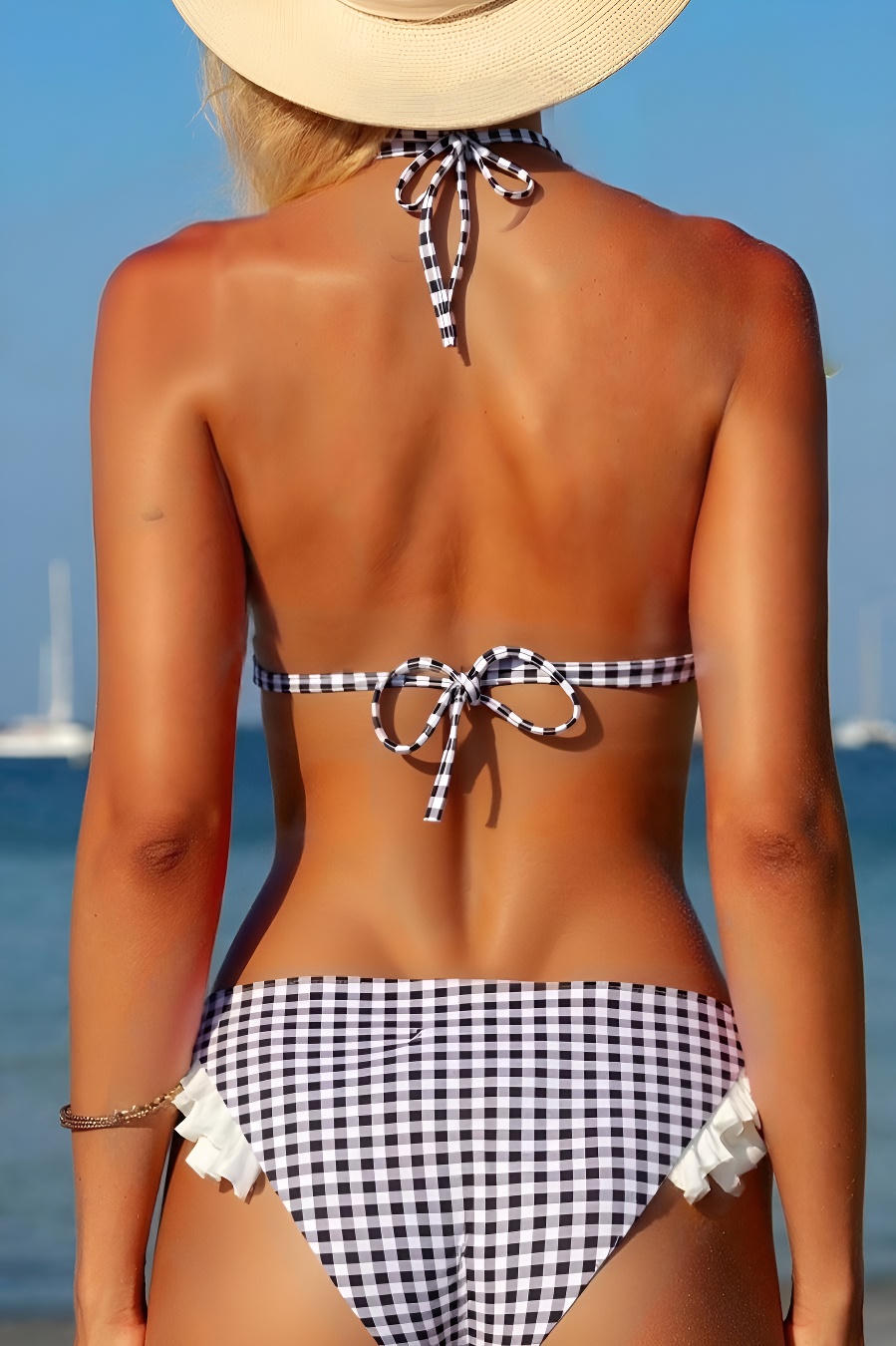 Black White Gingham Ruffle Bikini Set