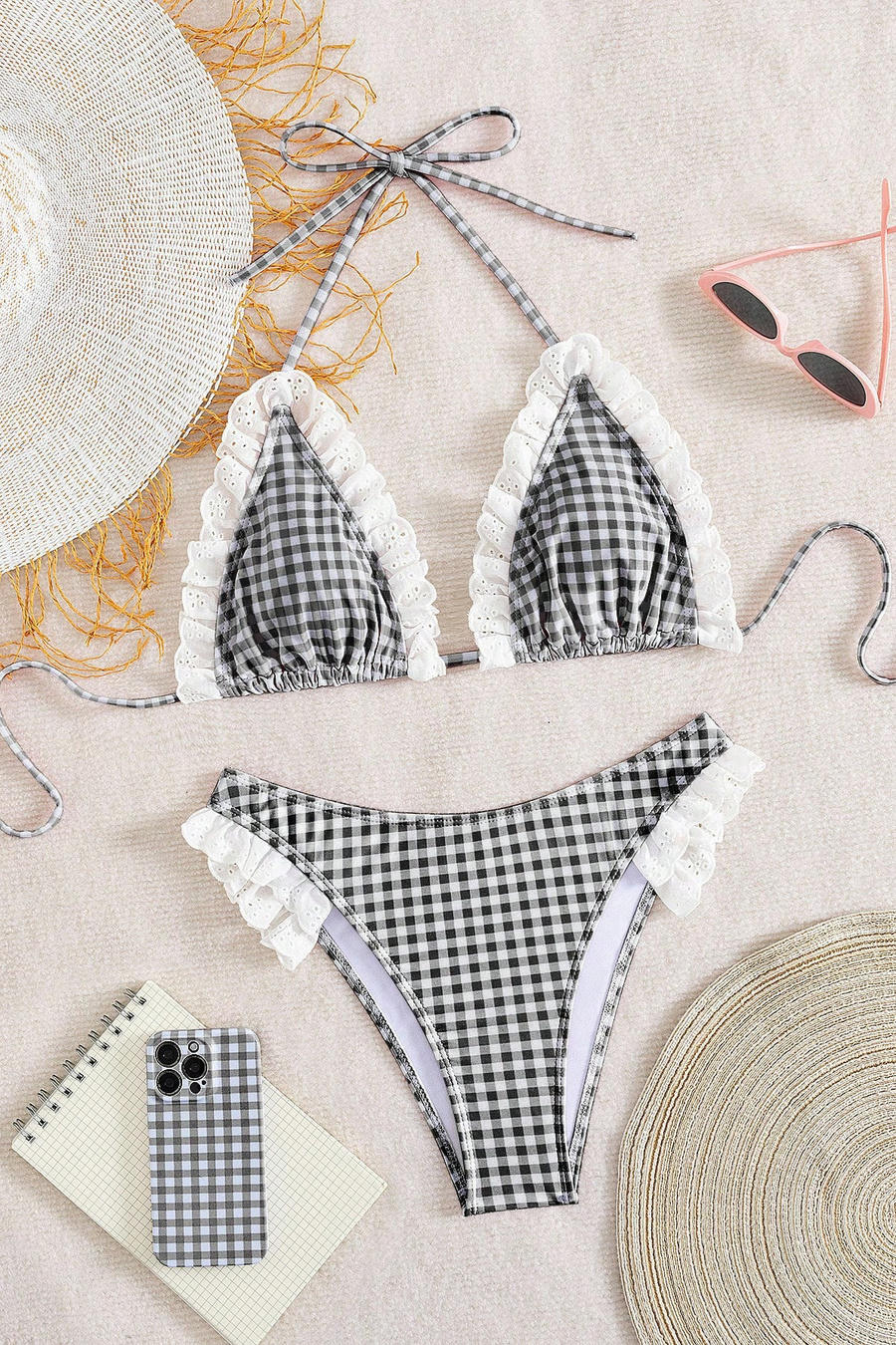 Black White Gingham Ruffle Bikini Set
