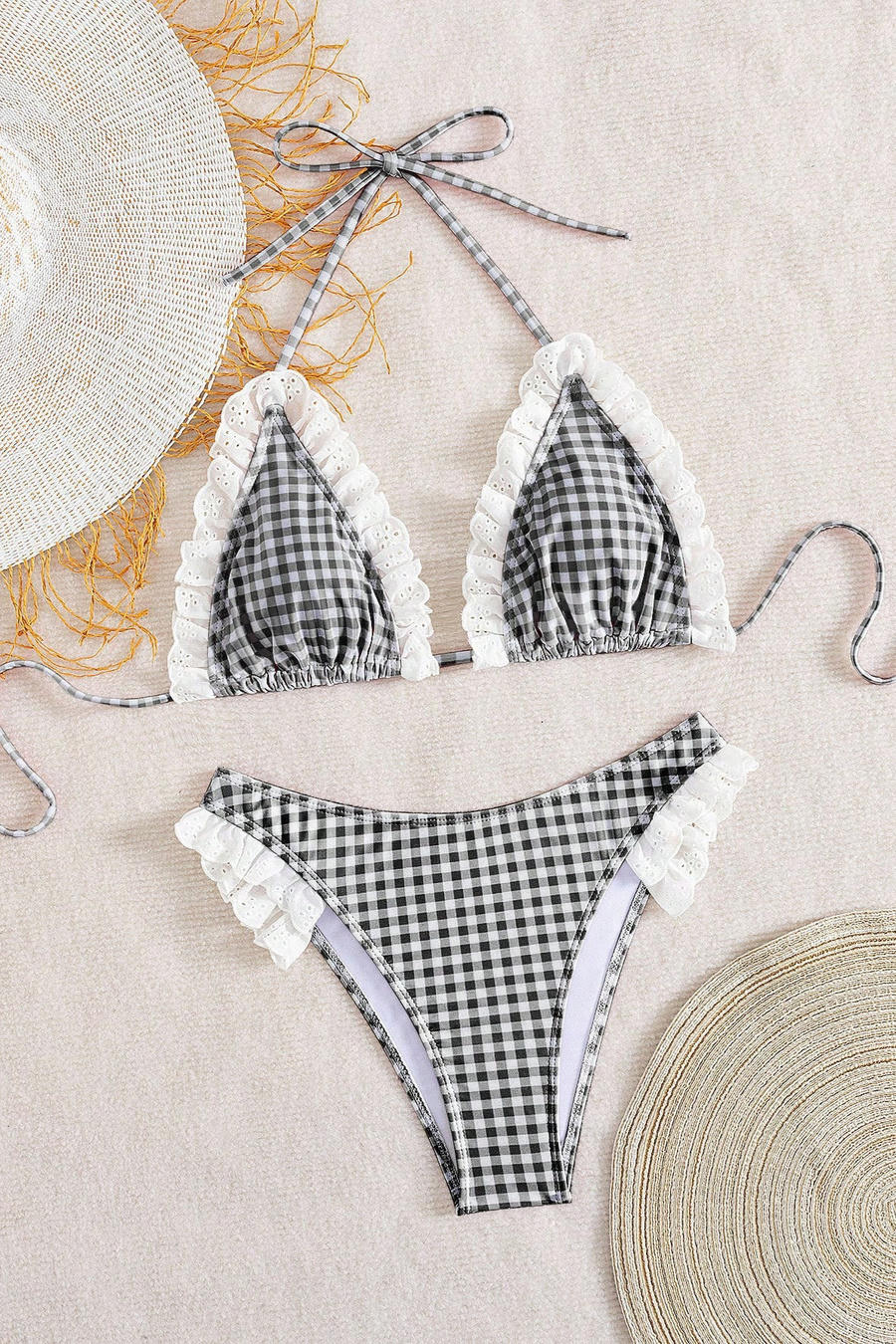 Black White Gingham Ruffle Bikini Set