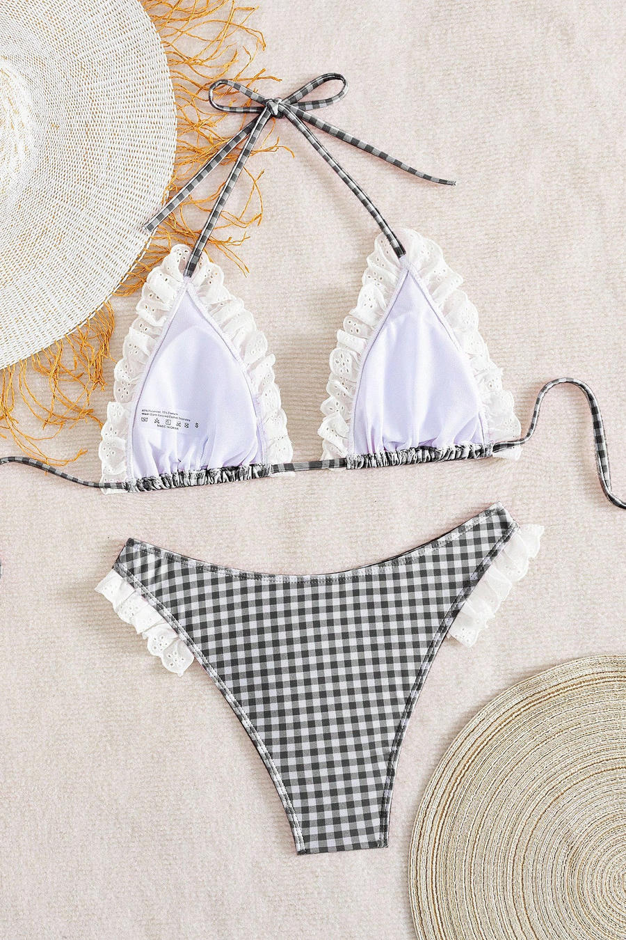 Black White Gingham Ruffle Bikini Set