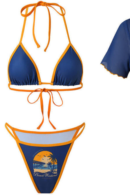Blue Mesh Crop Top Bikini Set