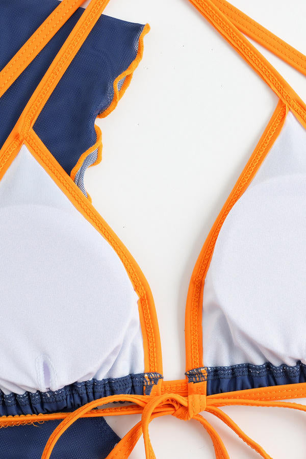 Blue Mesh Crop Top Bikini Set