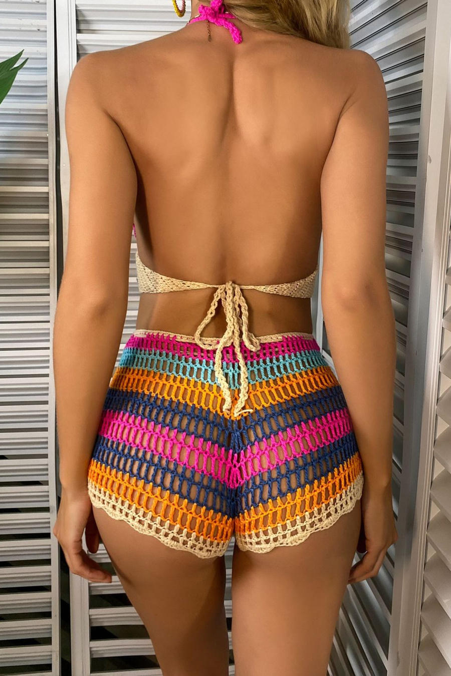 Rainbow Stripe Crochet Bikini Set Coverup