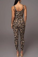 Stretch Leopard Low-Cut Skinny Jumpsuit