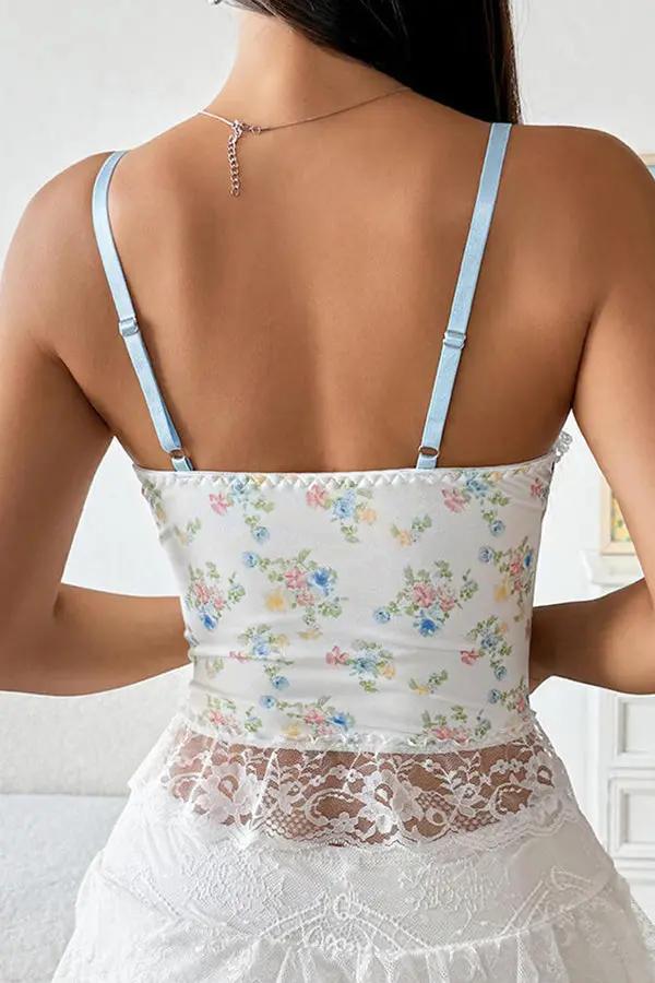 White Floral Lace-Up Corset Top