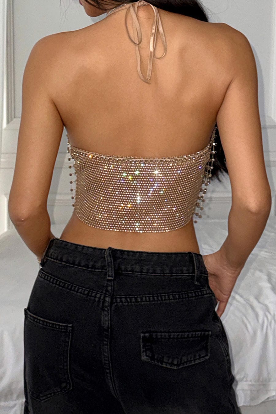 Sparkly Rhinestone Mesh Halter Crop Top