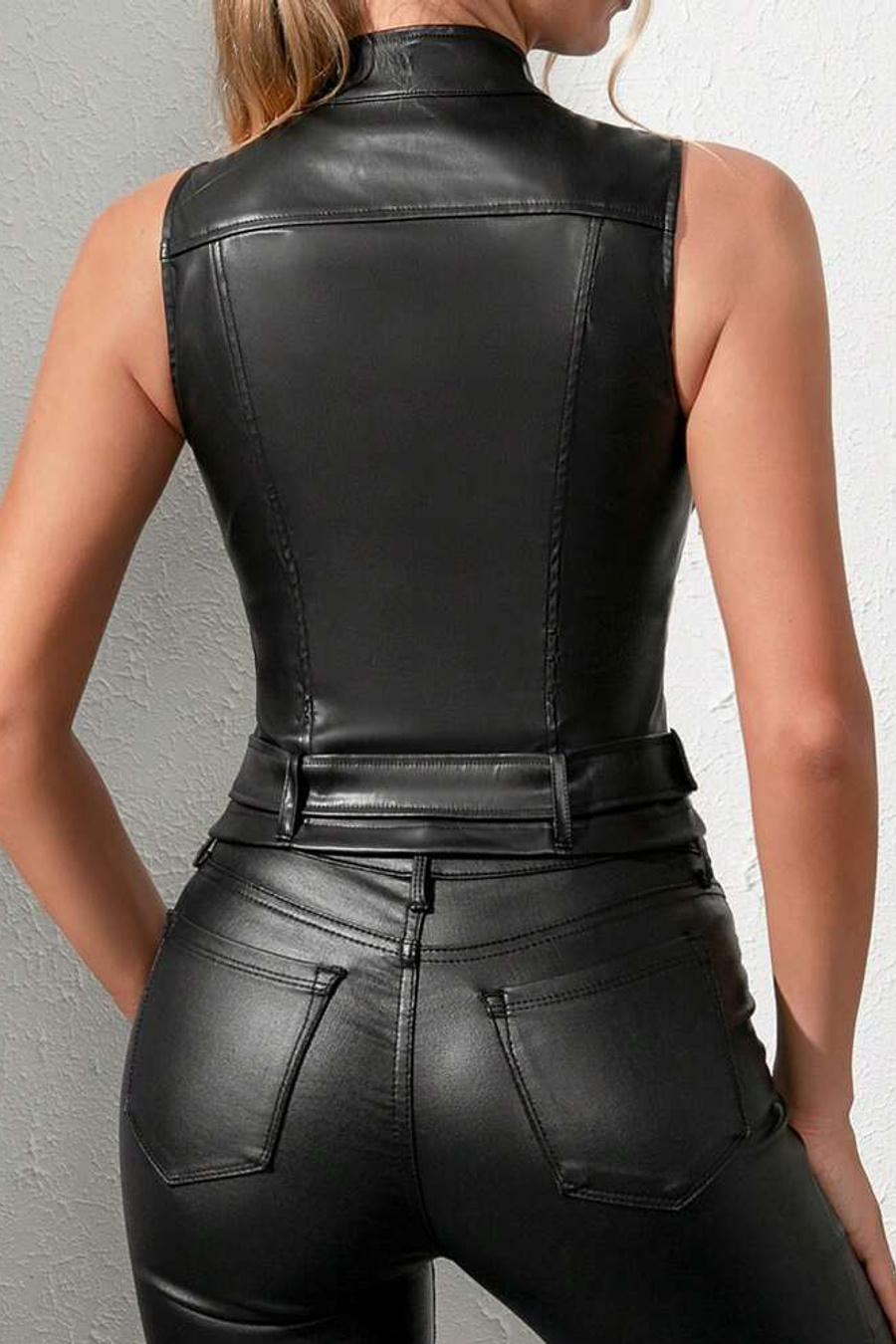 Black Faux Leather Sleeveless Moto Vest
