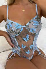 Blue Butterfly Lace Lingerie Bodysuit