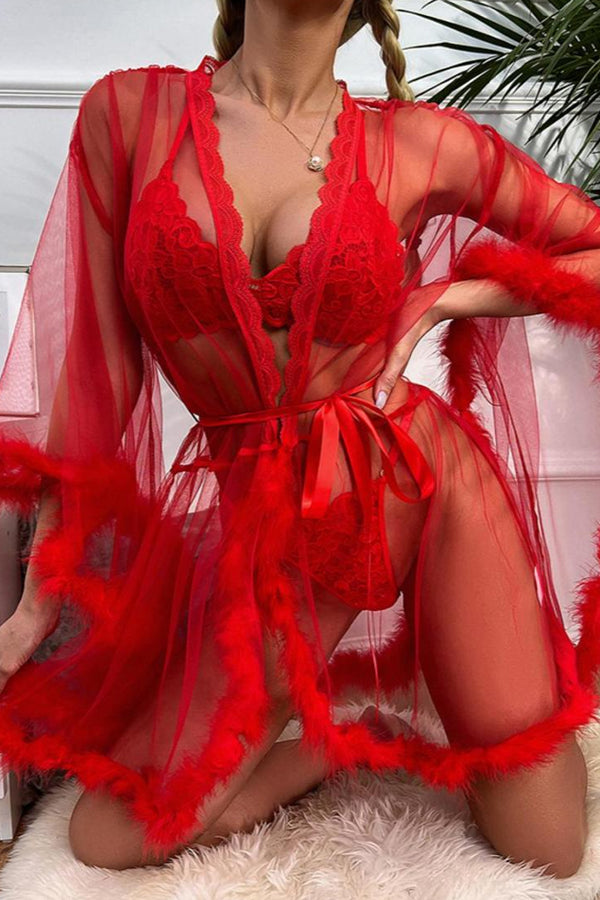 Red Sheer Mesh Robe with Feather Trim