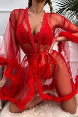 Red Sheer Mesh Robe with Feather Trim