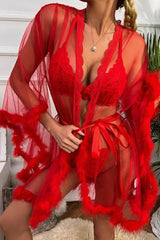 Red Sheer Mesh Robe with Feather Trim