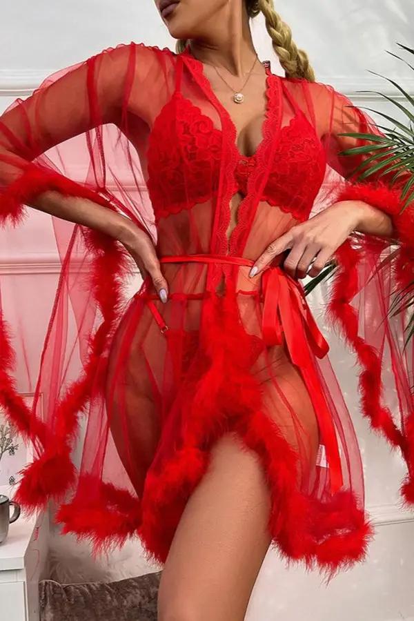 Red Sheer Mesh Robe with Feather Trim