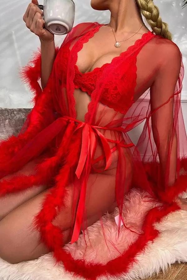 Red Sheer Mesh Robe with Feather Trim