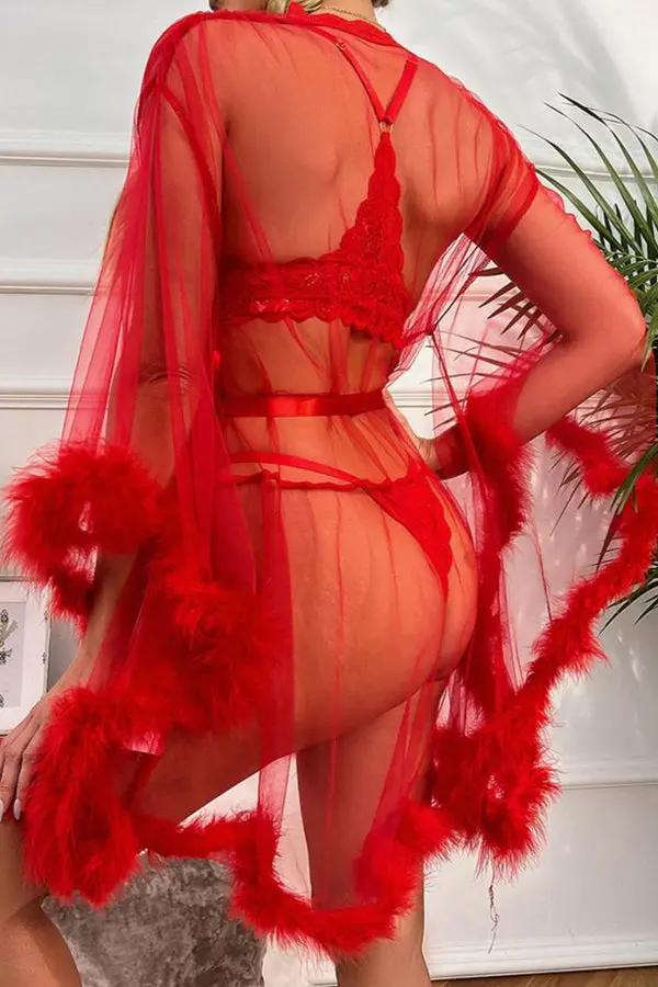 Red Sheer Mesh Robe with Feather Trim
