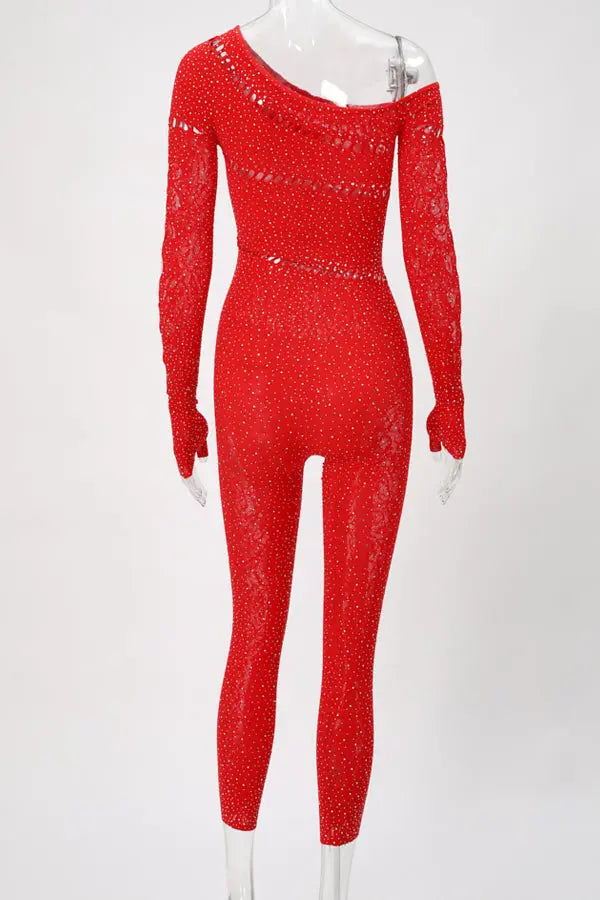Red Asymmetrical Rhinestone Body Stocking
