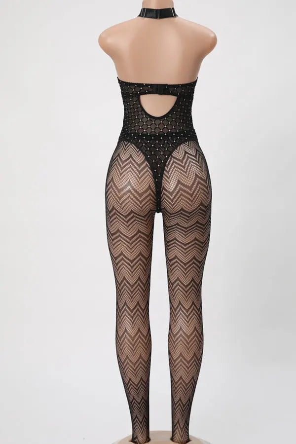 Black flocked diamond teddy with fishnet