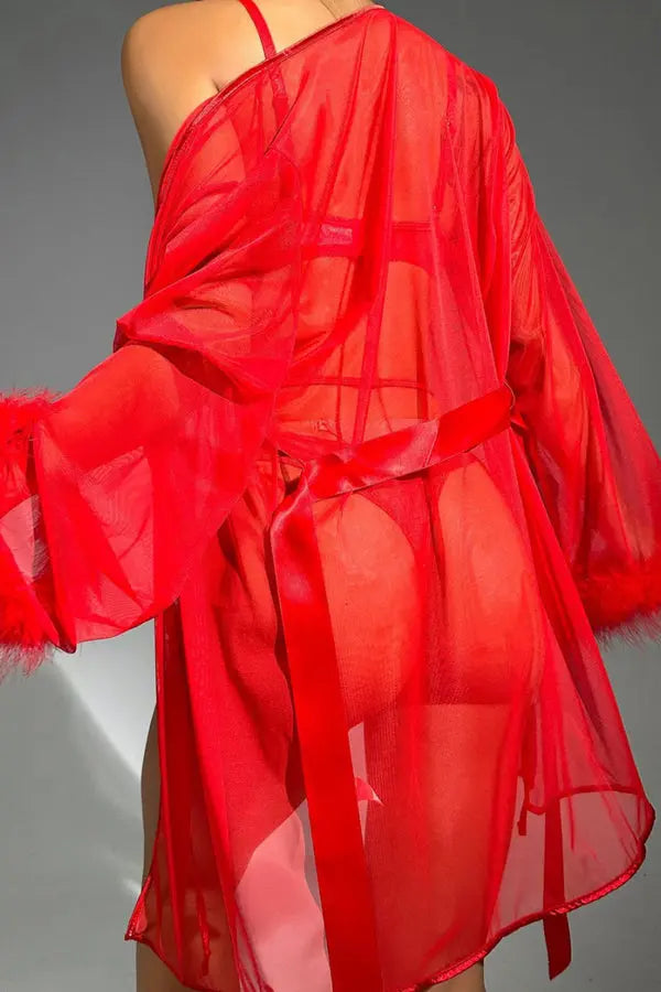 Red Heart Lace Bra, Panty and Robe Set