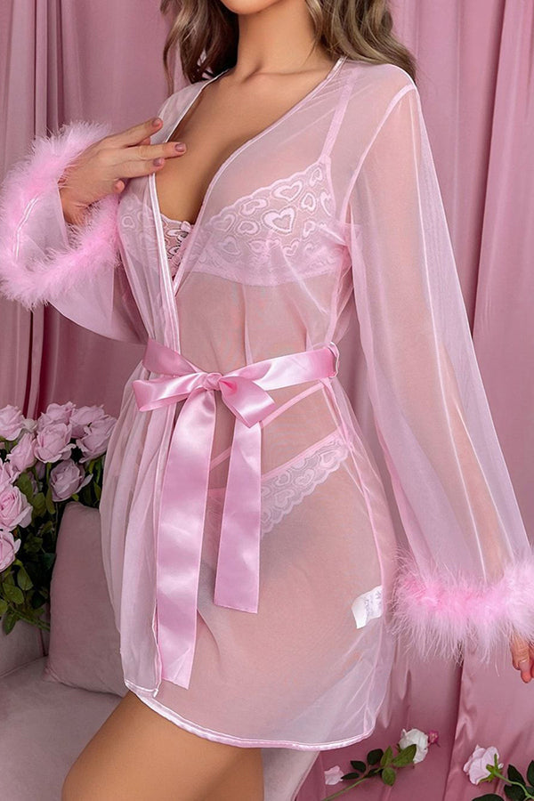 Sheer Pink Lace Bra and Thong Set with Robe