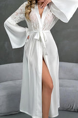 Long White Satin Robe with Lace Sleeves