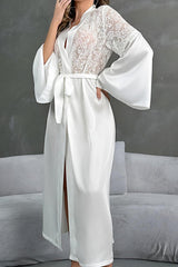 Long White Satin Robe with Lace Sleeves