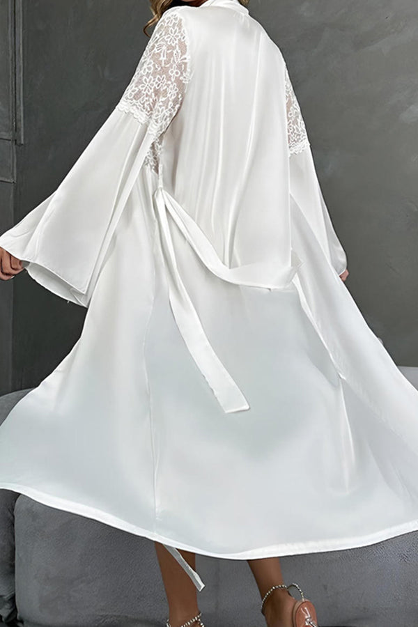 Long White Satin Robe with Lace Sleeves