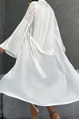 Long White Satin Robe with Lace Sleeves